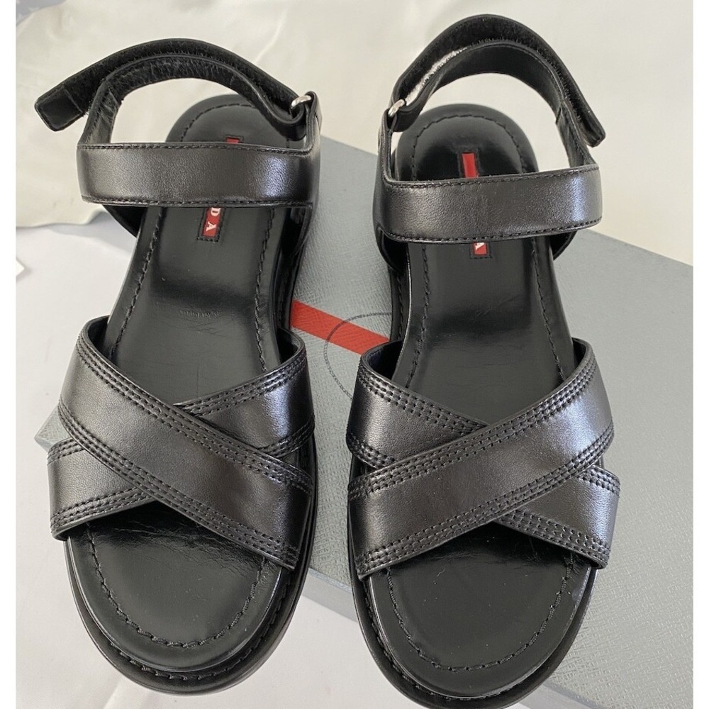 Prada 3X6289 Women's BLACK LEATHER STITCHED OPEN TOE FLATS SANDALS, 36.5‎